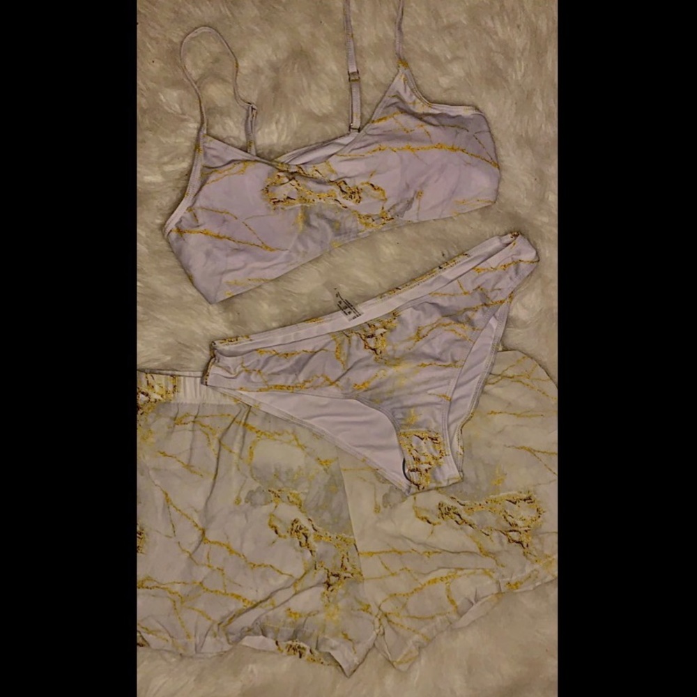 3 piece bikini set. gold, black, white, silver marble combo